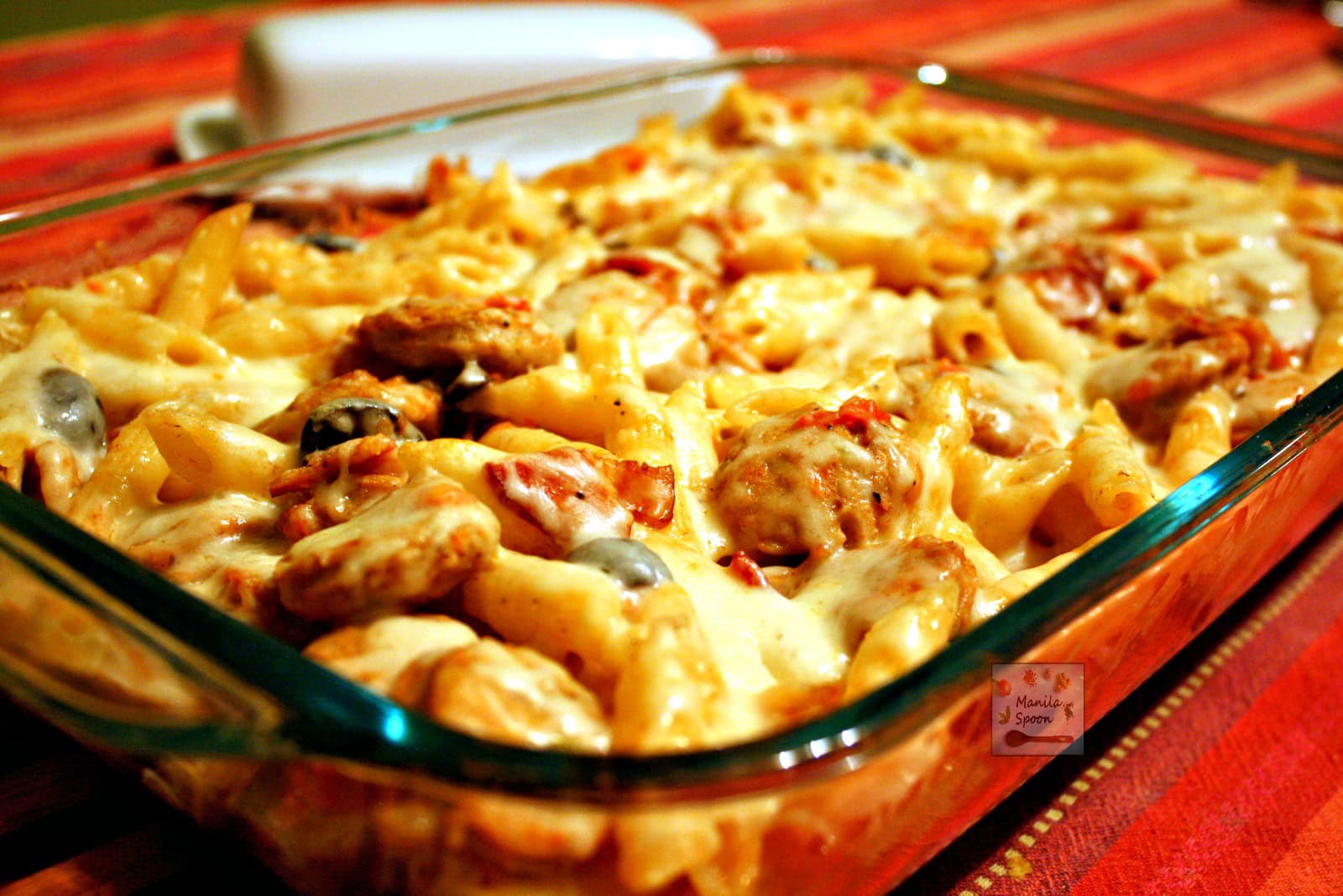 Sausage and Pasta Bake with Bacon and Olives
