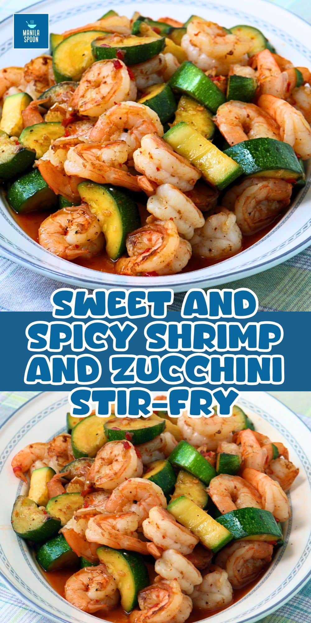 Only 5 minutes to make this flavorful SWEET and SPICY SHRIMP and ZUCCHINI STIR-FRY! Quick and easy deliciousness! Sweet and Spicy Shrimp and Zucchini Stir-Fry