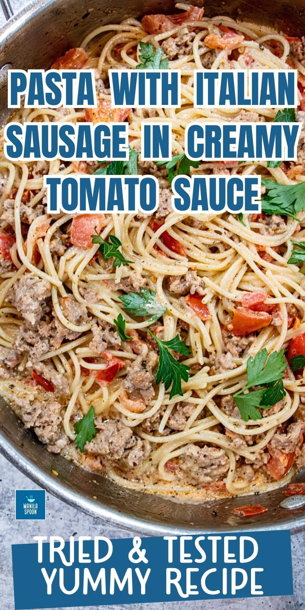 We make this Pasta with Italian sausage and creamy tomato sauce all the time as it's an easy and NO FAIL delicious recipe! #pastawithitaliansausage #creamypastawithsausage #pennewithitaliansausage Pasta with Italian sausage in creamy tomato sauce image pin