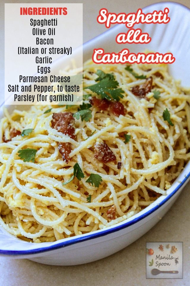 Spaghetti alla Carbonara with list of ingredients