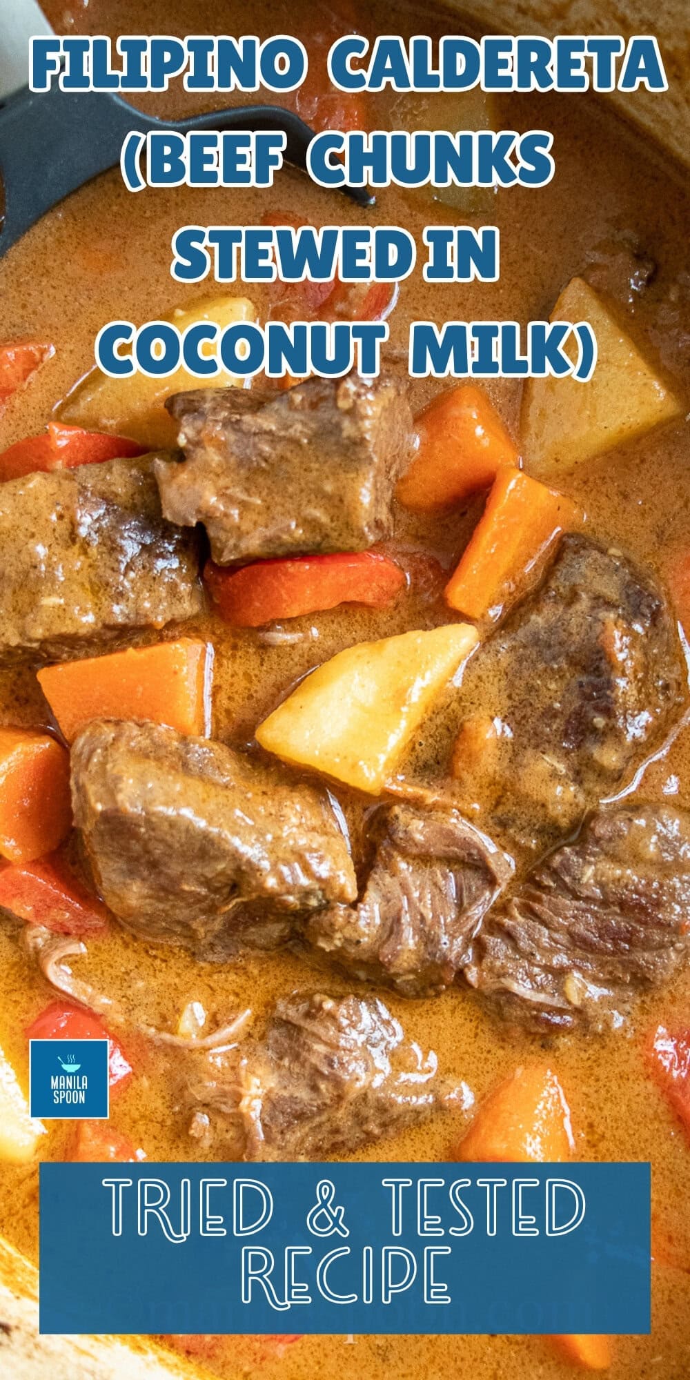 Creamy, nutty, spicy and delicious beef chunks stewed in coconut milk.This tasty beef stew is comfort food at its best - BEEF KALDERETA #caldereta #kaldereta #beefcaldereta Filipino Beef Caldereta (Kaldereta sa Gata) - Beef Stewed in Coconut Milk Image Pin