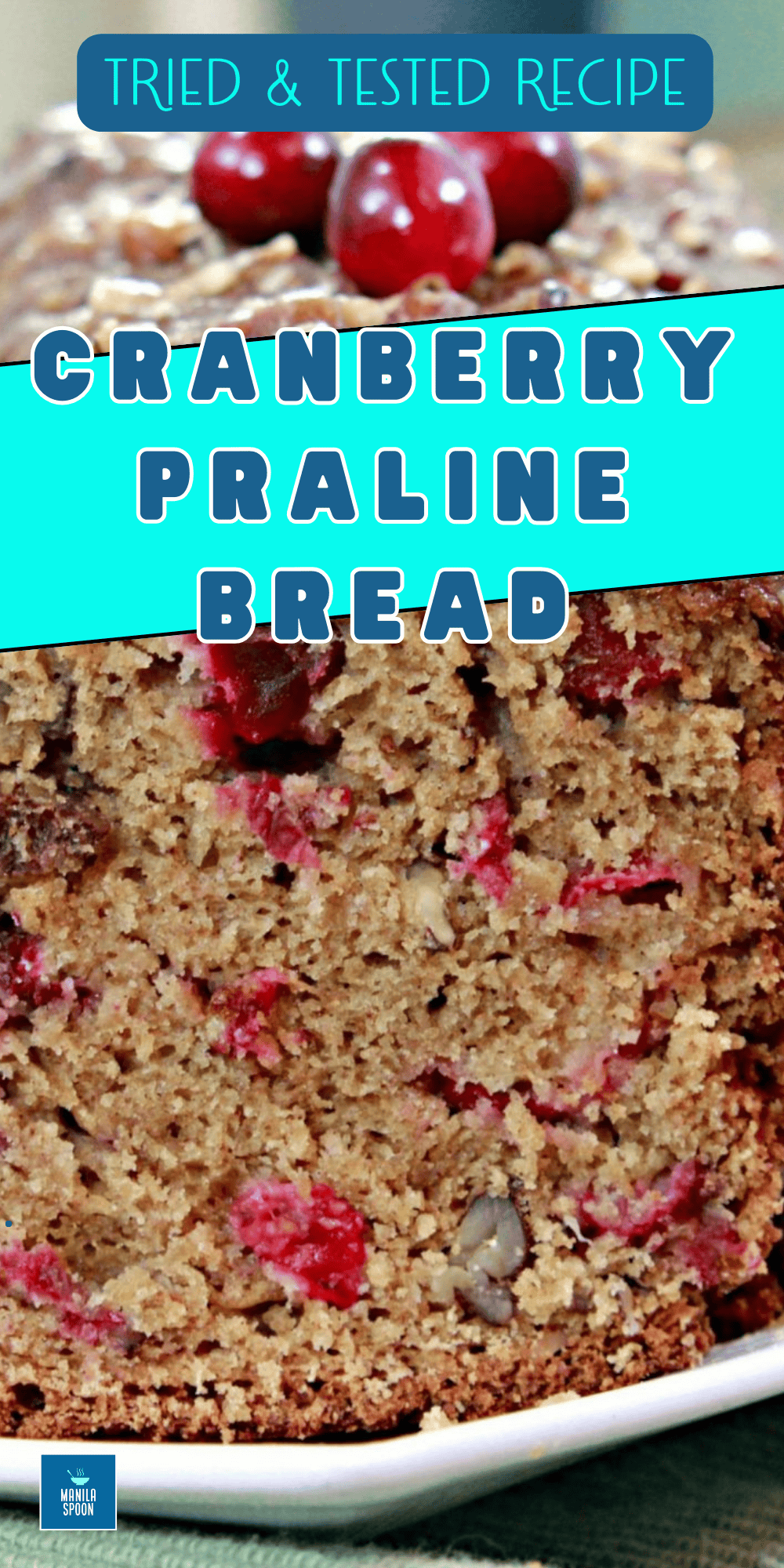 Moist, sweet-tangy, buttery, nutty, and with a praline topping that brings this Cranberry Bread over the top – guaranteed deliciousness in every bite! I have served this many times and it's always so loved!