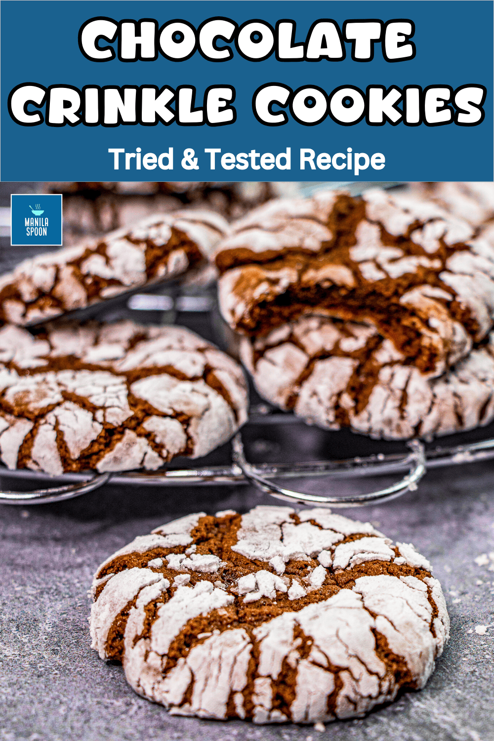 Just 4 ingredients to make these soft, chewy, sweet and oh-so- yummy – Chocolate Crinkle Cookies! Super easy to make, and perfect for the holiday season! Great cookies for a cookie exchange. Image pin.