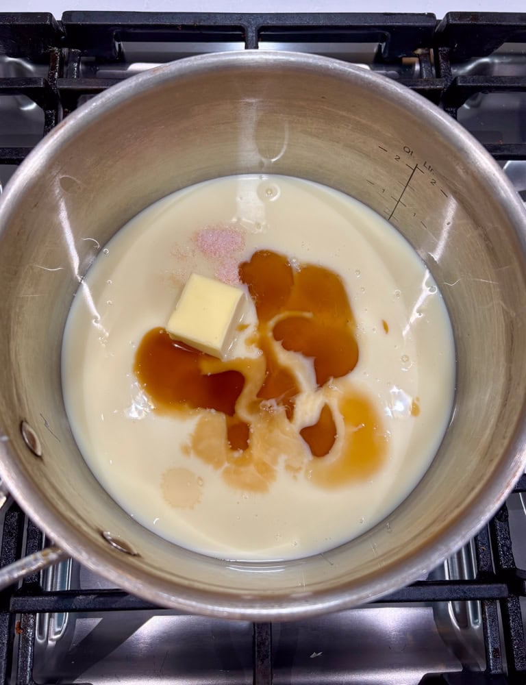Combine all caramel filling ingredients in a heavy-bottomed saucepan.