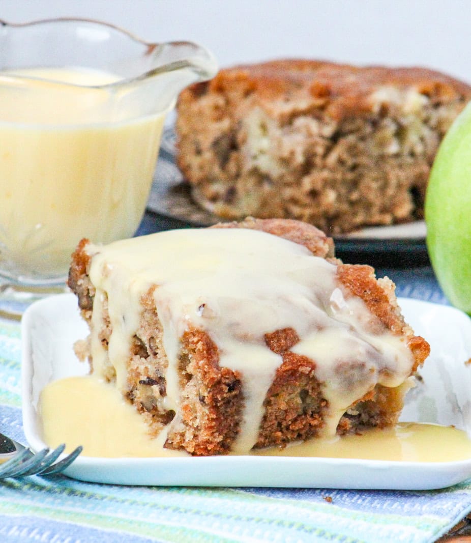This cake is so moist, so yummy and the fresh apples add so much juiciness and freshness! Great on its own for coffee or tea time but you can add some pecans and smother it in a delicious homemade Vanilla Custard Sauce for an elegant and perfect fall or all-season dessert! Apple Cake