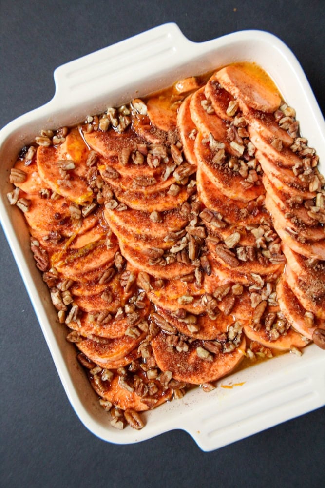 chopped pecans mixed with a little sugar and cinnamon sprinkled on top of the sweet potatoes