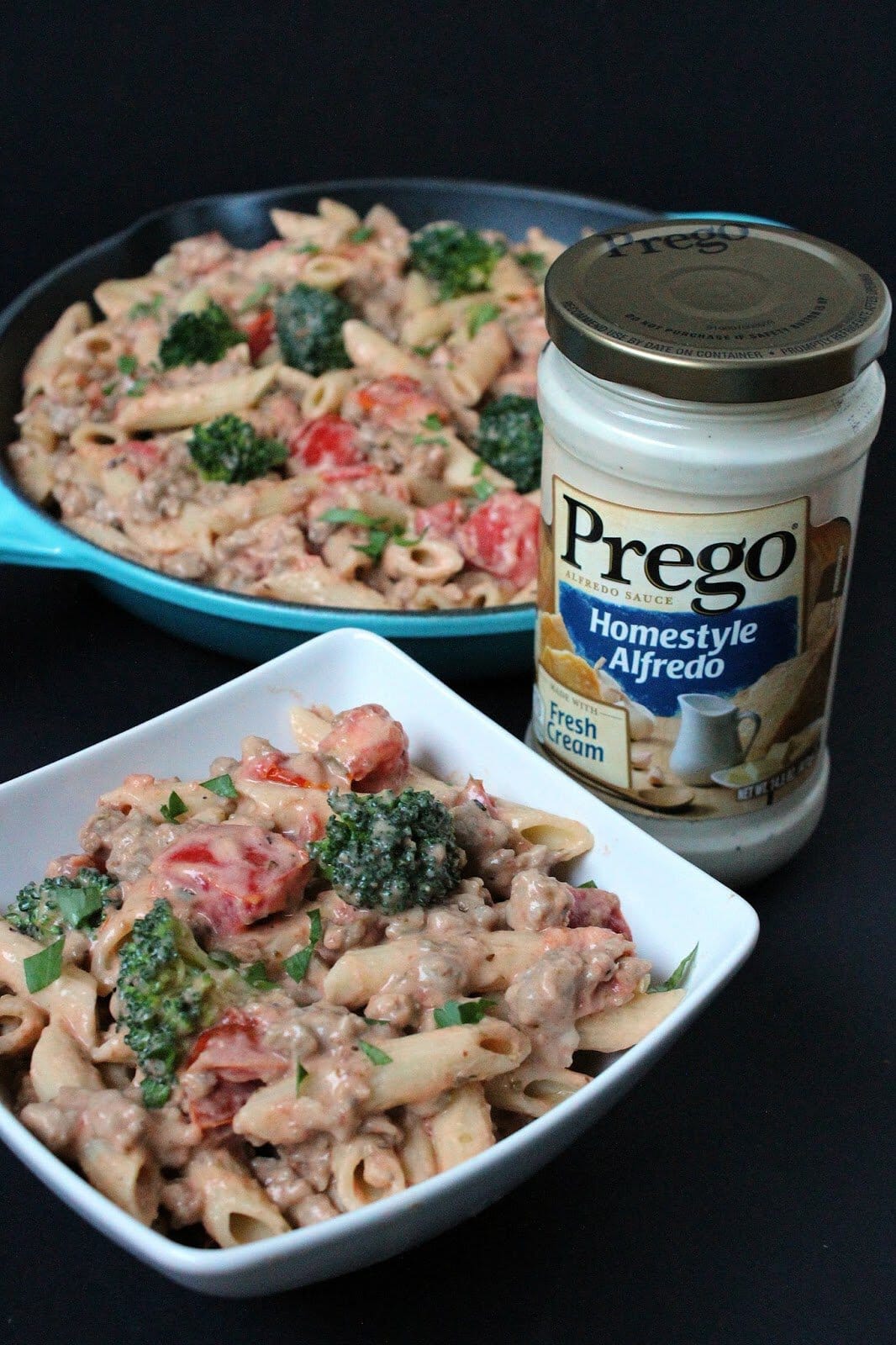 Italian Sausage and Broccoli Alfredo Pasta in a bowl.