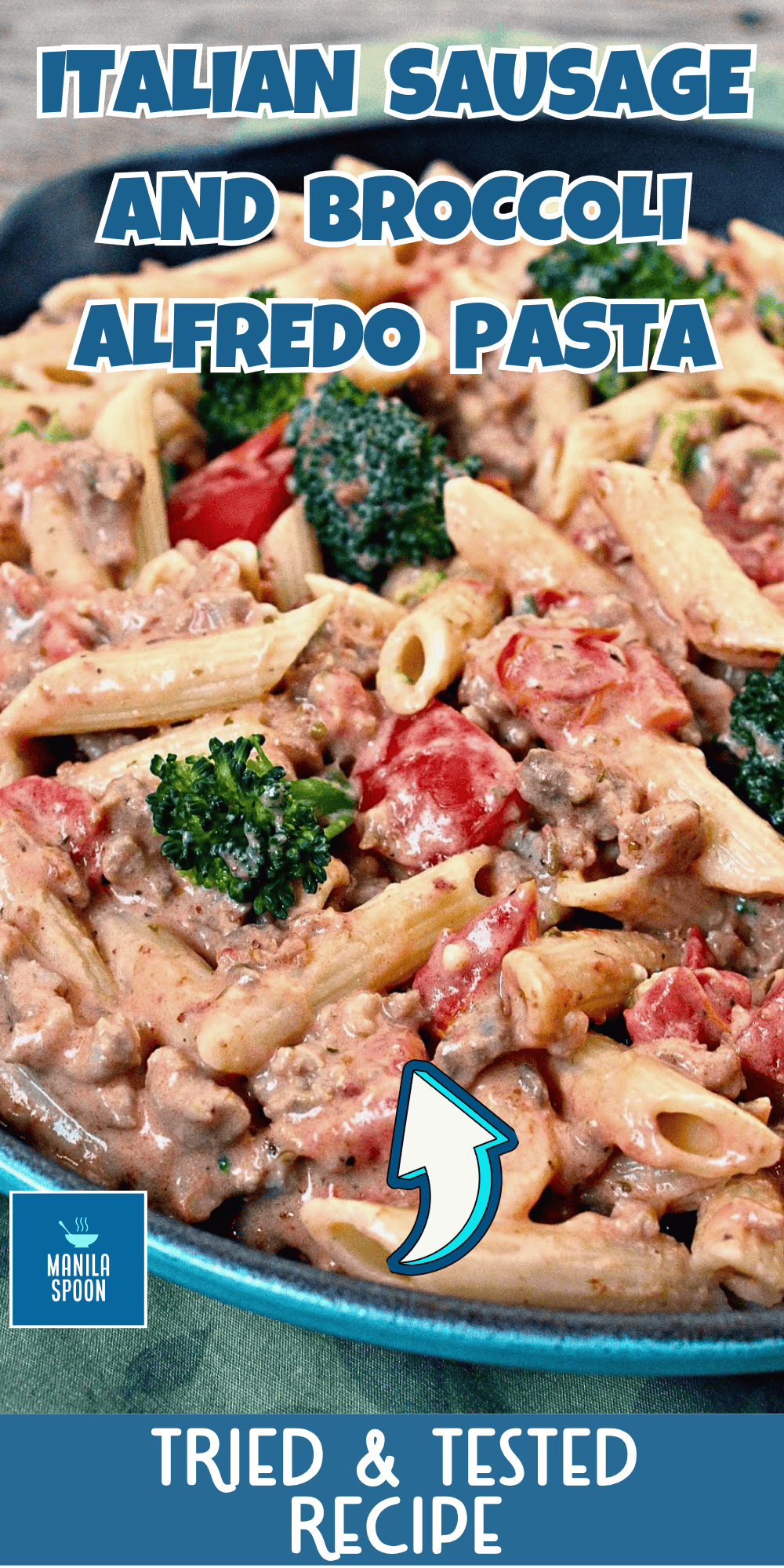 Italian Sausage and Broccoli Alfredo Pasta in a cast iron pan.