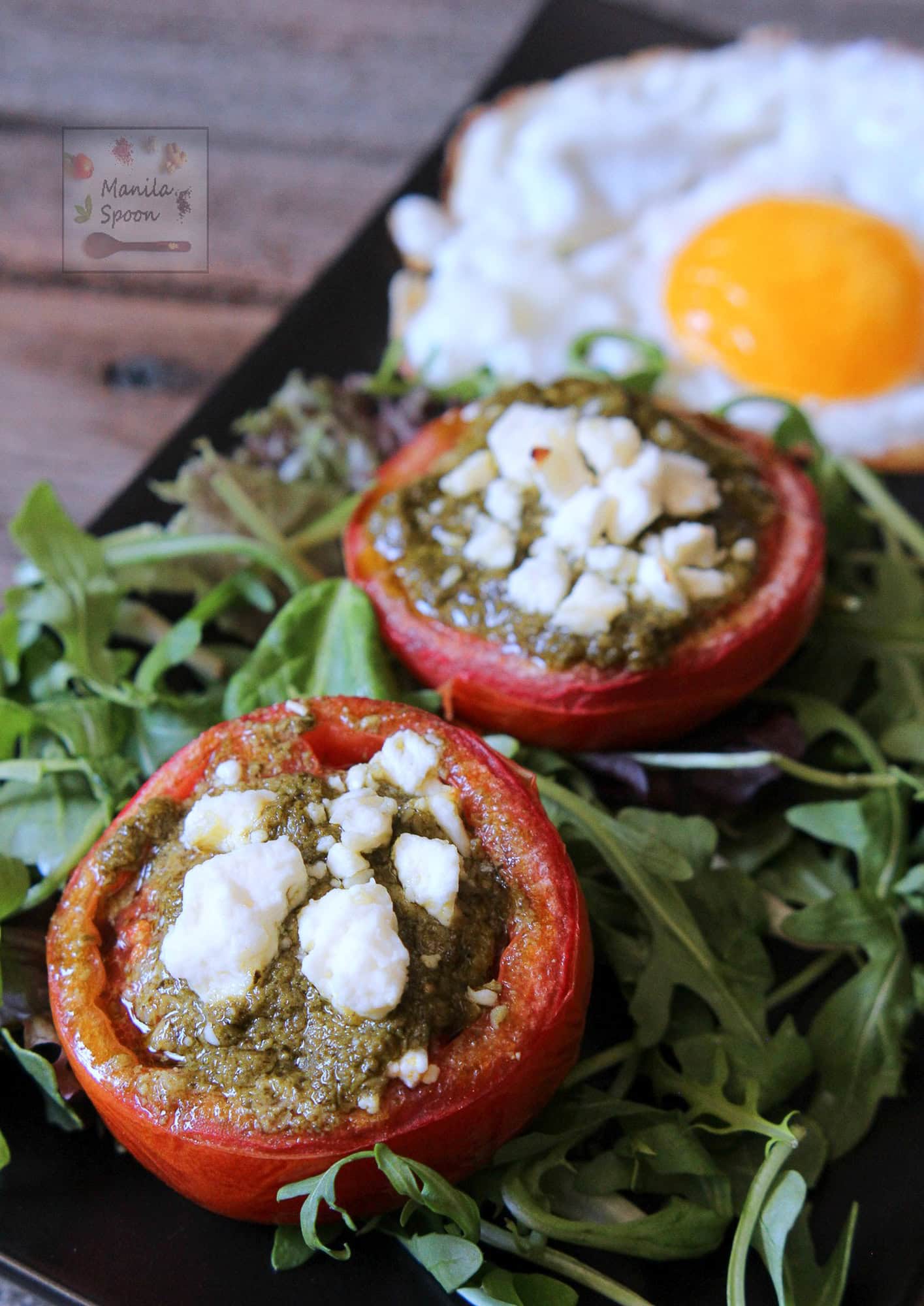 Roasted (Baked) Tomatoes with Pesto and Feta Cheese