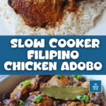Chicken slowly braised in vinegar, soy sauce, garlic, and bay leaves until fall-off-the-bone tender and DELICIOUS. This classic recipe for chicken adobo in the slow cooker can be made a day ahead and tastes even better the next day!
