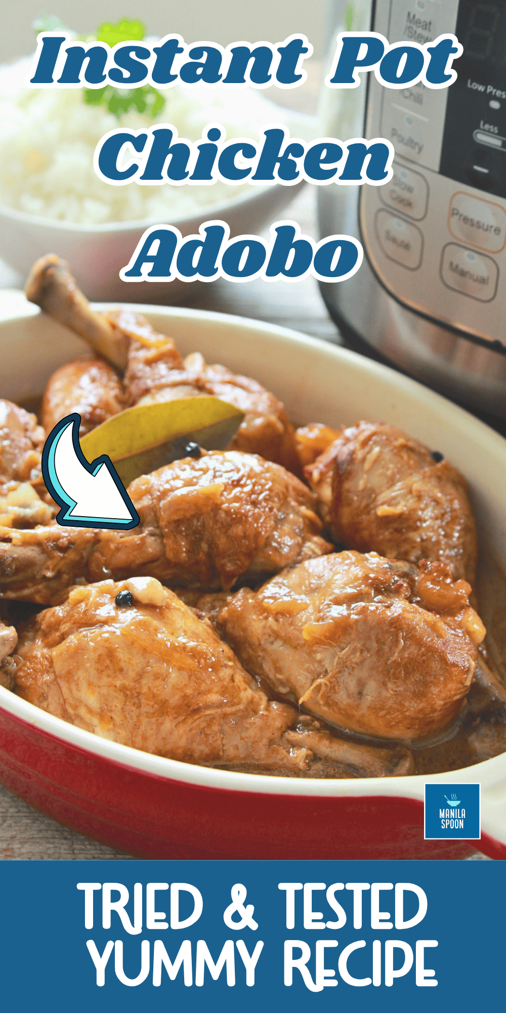 The classic Filipino dish - Chicken Adobo - marinated in vinegar, soy sauce, peppercorns and garlic then cooked in the pressure cooker (instant pot). Easy-peasy deliciousness! Instant Pot Filipino Chicken Adobo Image pin