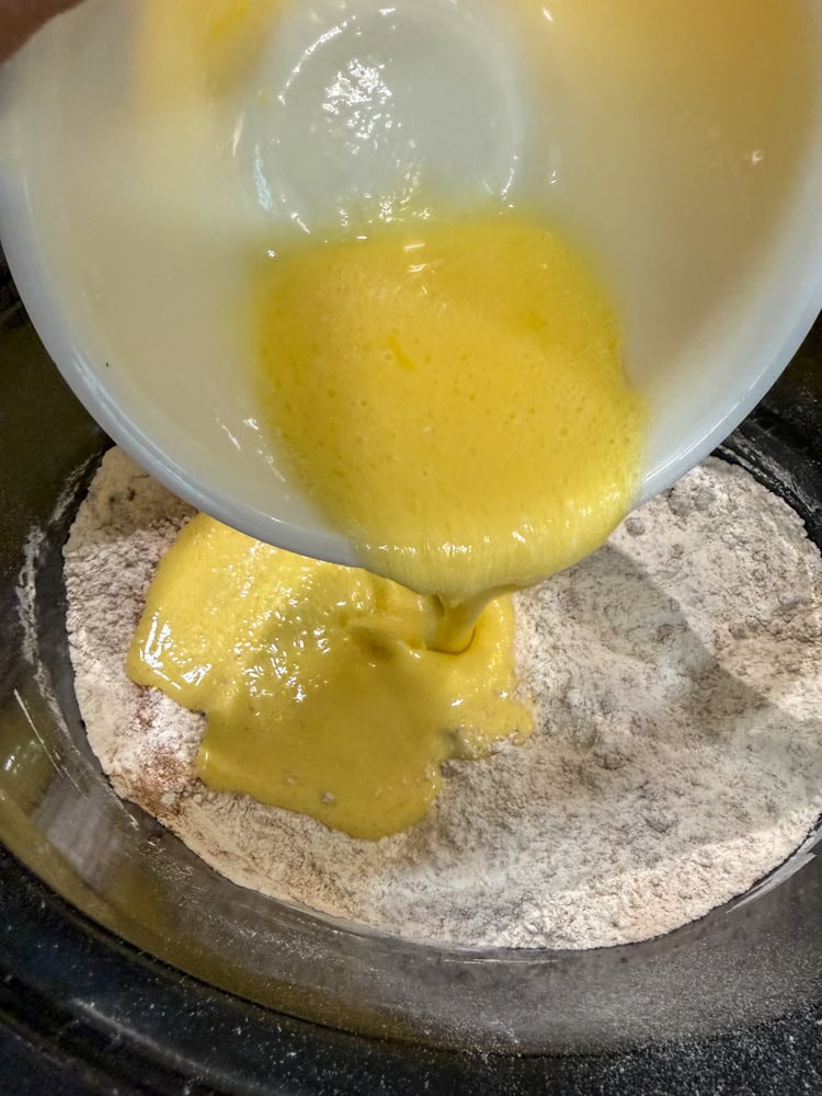 In a bowl, combine the eggs, milk, and oil, then stir into the dry ingredients just until moistened.