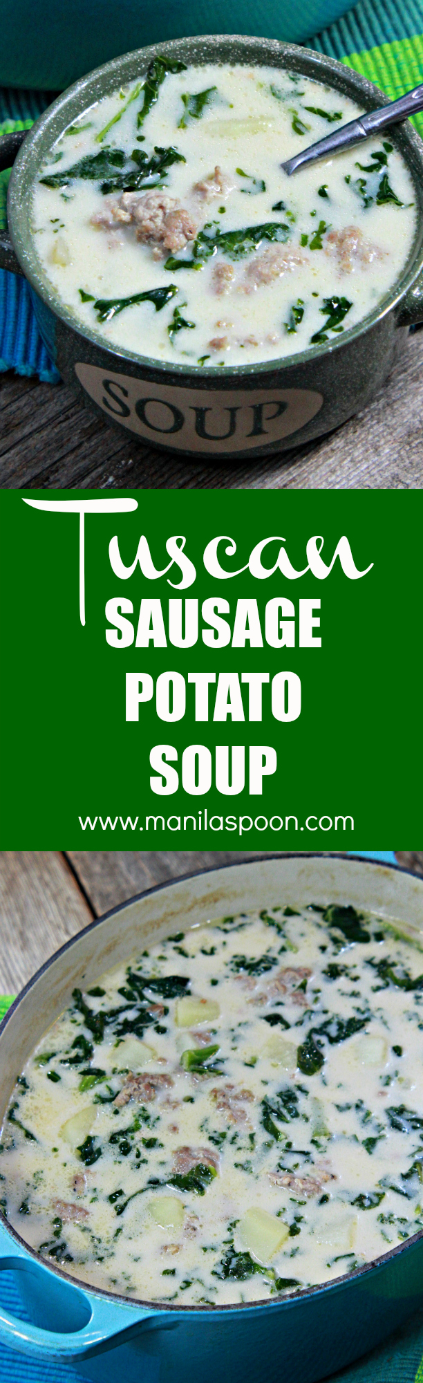 The perfect antidote for fall and winter chilly nights, a hot bowl of tasty and hearty Tuscan Sausage Potato Soup. Creamy and perfectly seasoned,  it's true comfort food in a bowl!