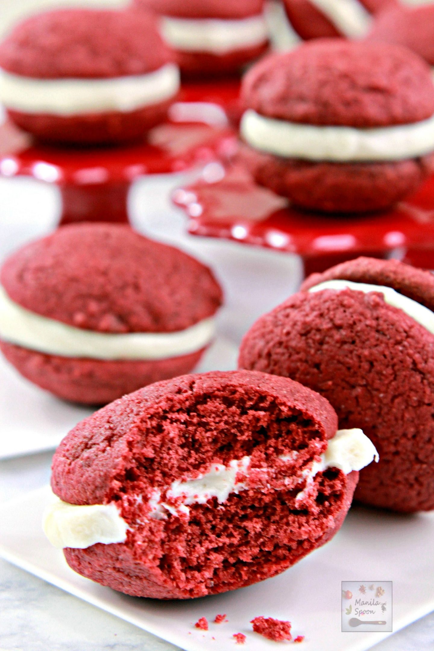 Perfectly delicious sweet treat for Valentine's Day - Red Velvet Whoopie Pies!! Easy to make and looks impressive, too!
