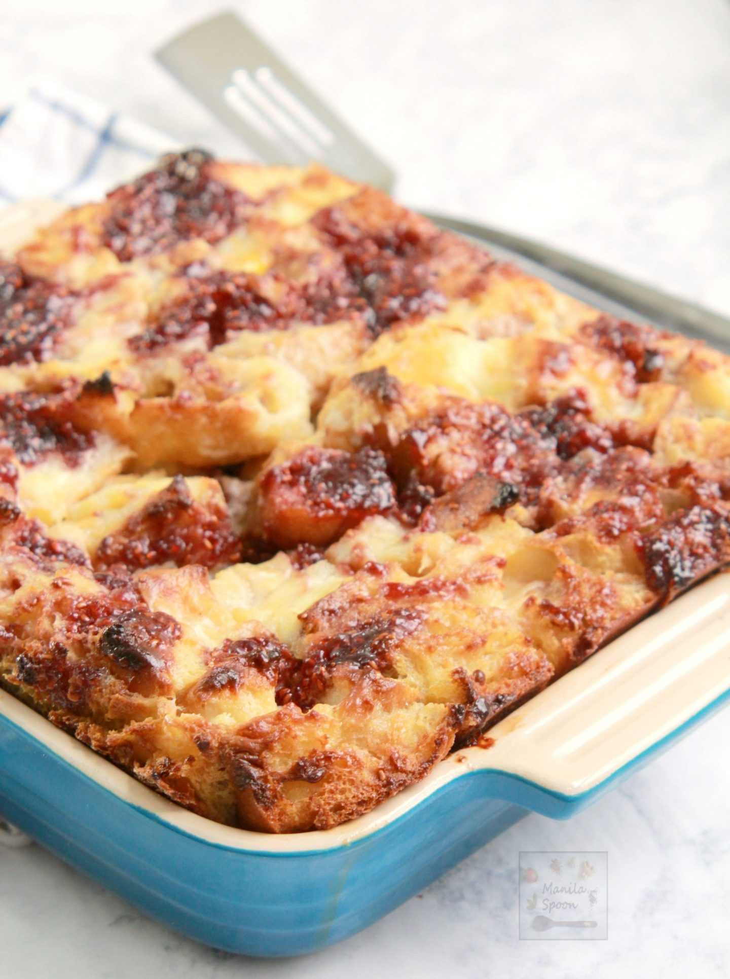Such a show-stopping breakfast or dessert - this delicious bread pudding is loaded with creamy mascarpone cheese and strawberry jam. For a different spin - use fresh berries that are in season! So good!