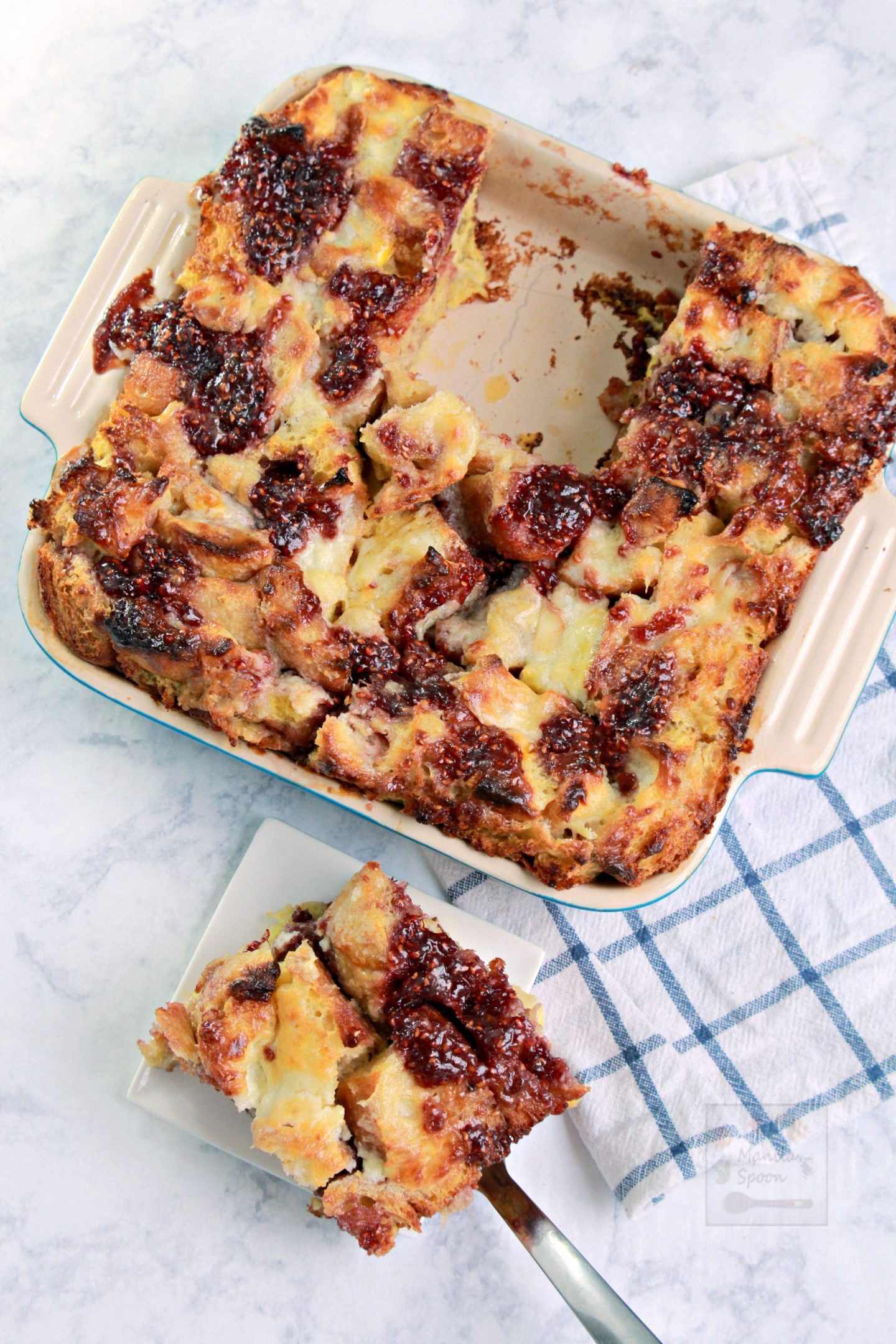 Such a show-stopping breakfast or dessert - this delicious bread pudding is loaded with creamy mascarpone cheese and strawberry jam. For a different spin - use fresh berries that are in season! So good!