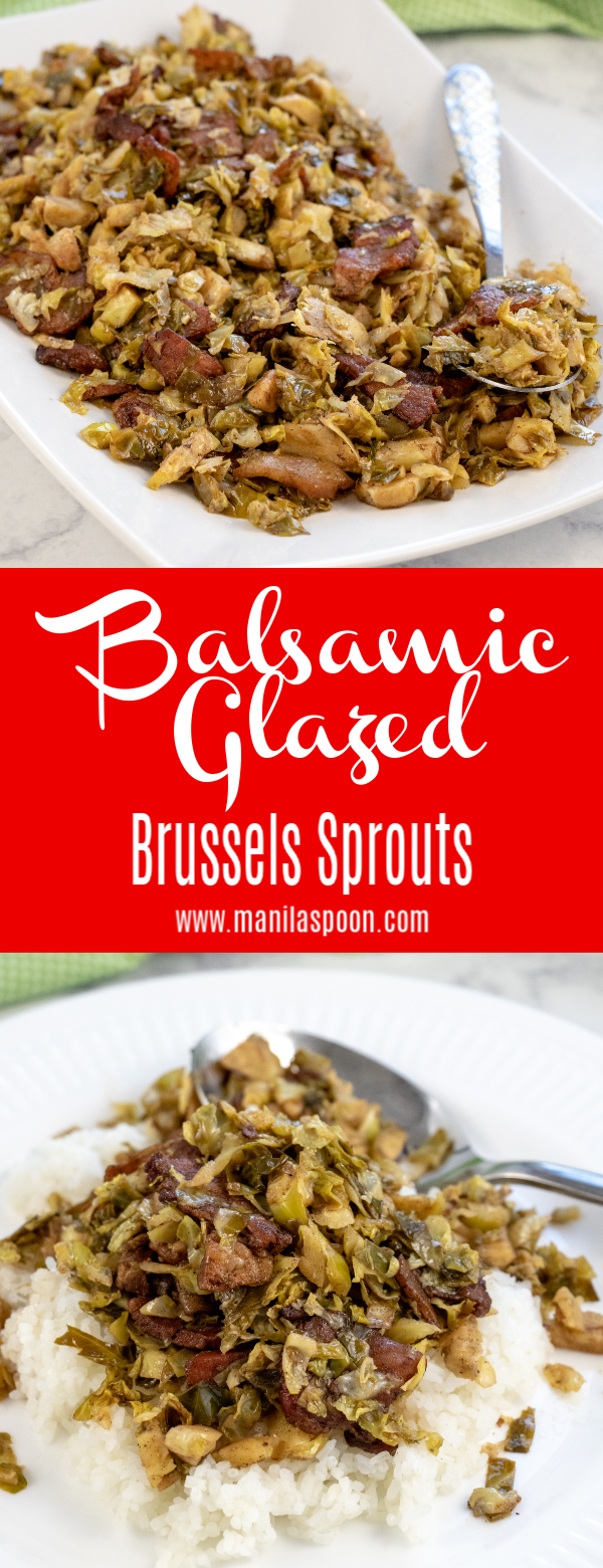 The balsamic glaze and bacon add so much flavor to this tasty dish - Balsamic Glazed Brussels Sprouts. If you're not a fan of brussels sprouts yet, then you will be after trying this. So great as a side dish but also on its own and eaten with rice!  #balsamicglazedbrusselssprouts #balsamicglaze #brusselssprouts