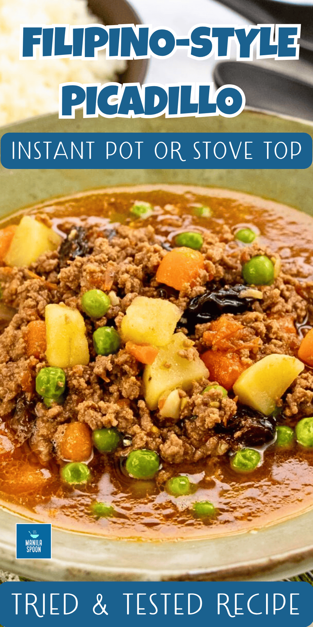 This Instant Pot or Stove Top version of Filipino-style Picadillo is sweet-salty and full of savory deliciousness coming from perfectly seasoned ground beef cooked with vegetables and raisins! The raisins add that subtle sweet element which elevates  this dish to the top! Served with rice but for a more substantial meal fried plantains and eggs are added as accompaniments, too. #filipinofood #picadillo #giniling #filipinopicadillo This Filipino-style Picadillo is a quick and flavorful meal made in the Instant Pot or on the stove! Packed with ground beef, veggies, and raisins, it’s perfectly sweet and savory. Serve it with rice, fried plantains, or eggs for the ultimate Filipino comfort food—easy, hearty, and family-approved!