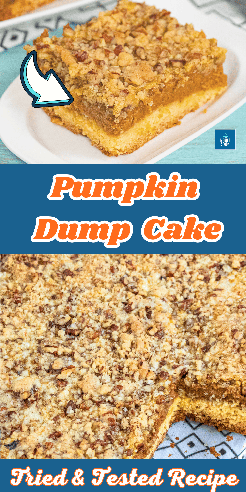 I have made these many times and every time I am asked for the recipe and how it's done because it's just so delicious! This Pumpkin Delight Dessert uses a cake mix and for crust and topping and sandwiched in between is a perfectly spiced layer of pumpkin. Adding pecans to the buttery topping brings this dessert over the top! #pumpkindelightcake #pumpkindelightdessert Pumpkin Dump Cake Pin Image