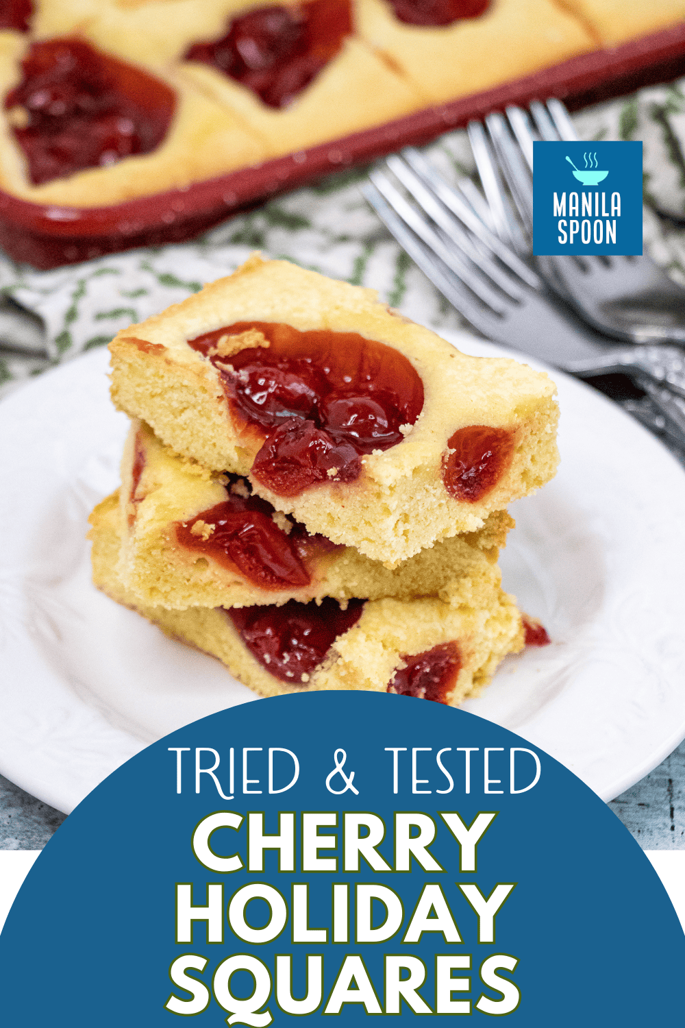 Unbelievably easy recipe for a pretty, super yummy and festive holiday dessert loaded with cherry pie filling. These Easy Cherry Holiday Squares or Bars are perfect to make for that last-minute holiday baking. Serves a crowd! #cherryholidaybars #cherryholidaysquares #christmasbaking #holidaybaking