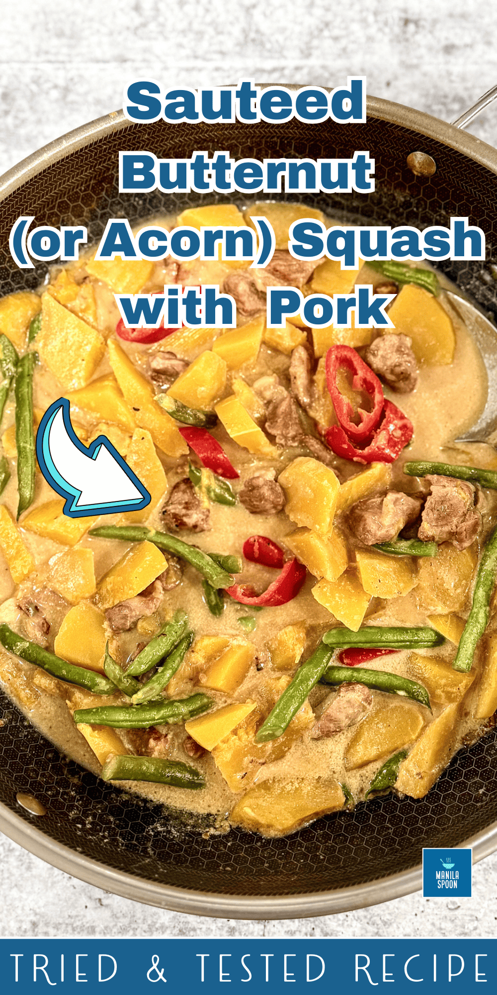 A classic Filipino vegetable and meat dish, this sauteed butternut squash with pork (Ginisang Kalabasa) is so yummy and easy to make. Paired with rice, it's such a tasty and wholesome meal! You will find this dish in any cafeteria all over the country. #ginisangkalabasa #butternutrecipes #butternutsquashwithpork | manilaspoon.com Sauteed Butternut Squash with Pork (Ginisang or Ginataang Kalabasa) Image Pin