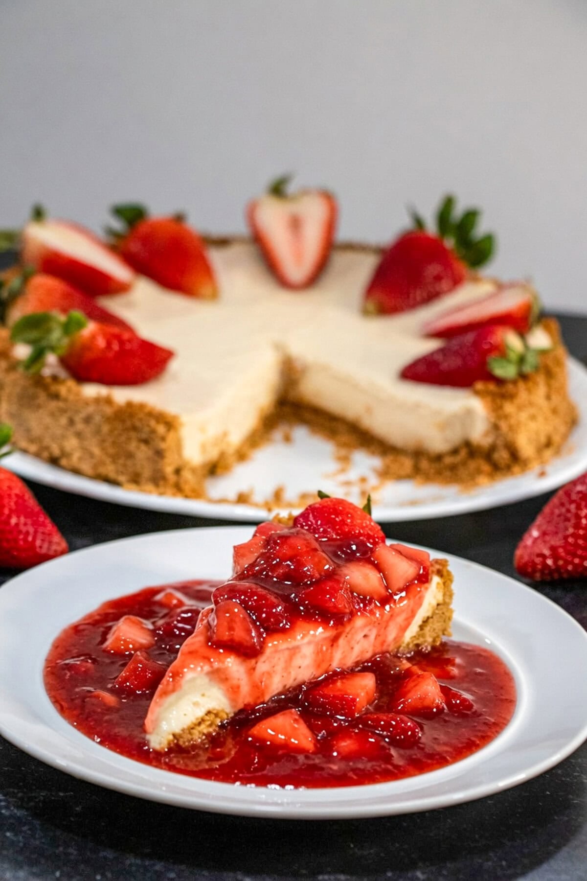 This luscious No-Bake Strawberry Cheesecake is so easy to prep that you’d have a delicious cheesecake in no time without having to turn the oven on. No need to use gelatin yet it firms up nicely. It is so versatile you can also use other fruits for topping. Recipe to make the fruity sauce/topping from scratch is included!