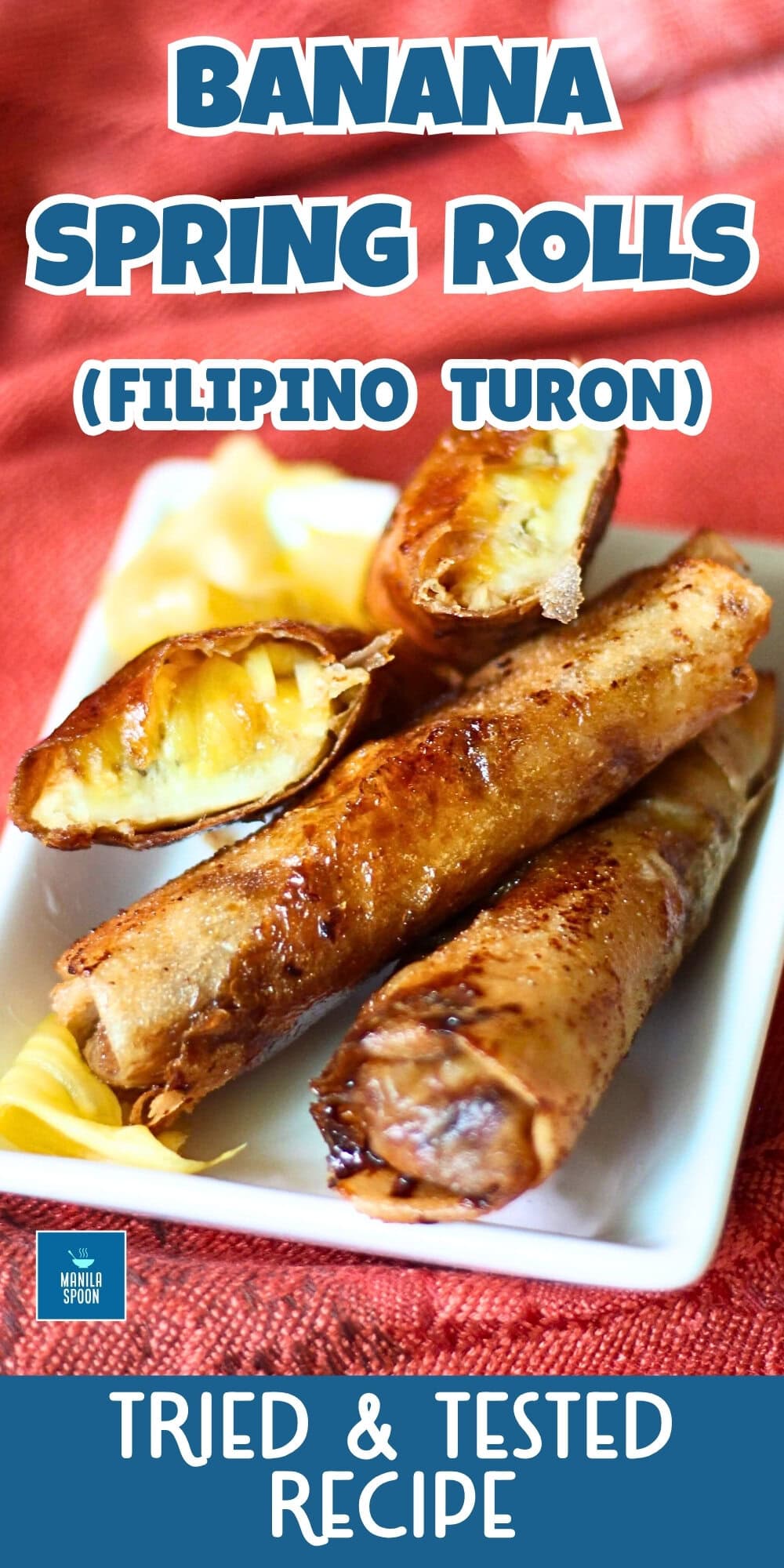 These Banana Spring Rolls or Lumpia - Turon - are the best way to use up all your ripe Bananas. Sliced bananas are dusted with sugar then wrapped in spring roll wrappers with slices of jackfruit or other fillings then fried until golden brown and crispy. Turon as it is called locally is a hugely popular snack or street food in the Philippines! These caramelized bananas are the best and maybe served with ice cream, too! These Banana Spring Rolls (Filipino Turon) are crispy, golden, and perfectly caramelized! Made with ripe bananas, sugar, and jackfruit wrapped in spring roll wrappers, this Filipino favorite is a delicious snack or dessert that’s easy to make at home. Serve with ice cream for an extra treat!