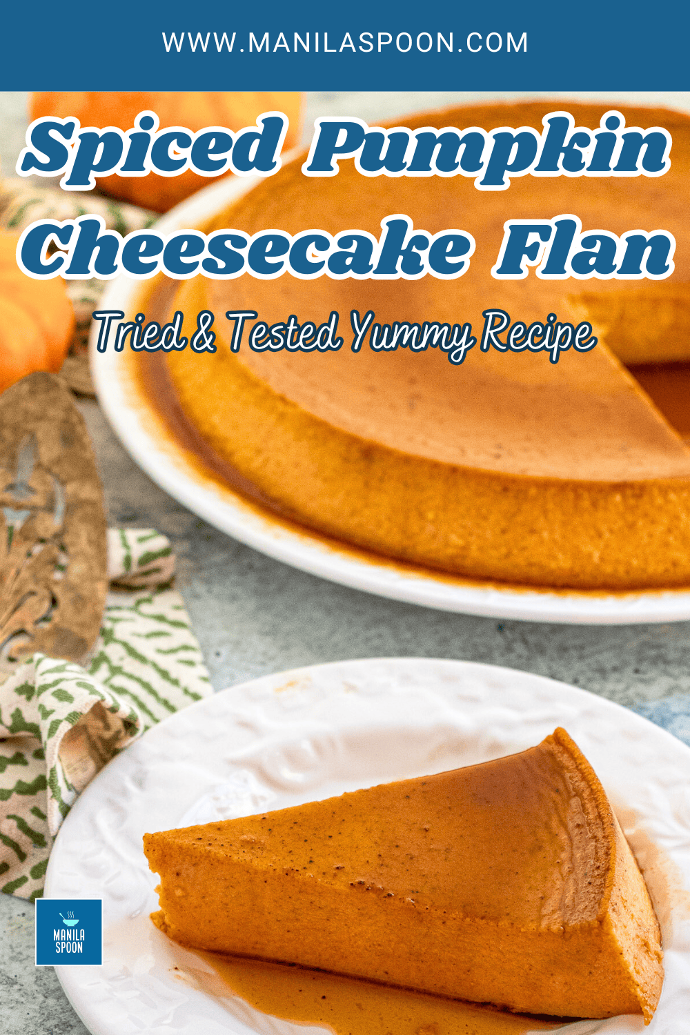 This scrumptious Spiced Pumpkin Cheesecake Flan is a delicious custard dessert that's perfectly spiced and great for Thanksgiving or Christmas! A yummy alternative to pumpkin pie and completely gluten-free! Spiced Pumpkin Cheesecake Flan Image Pin