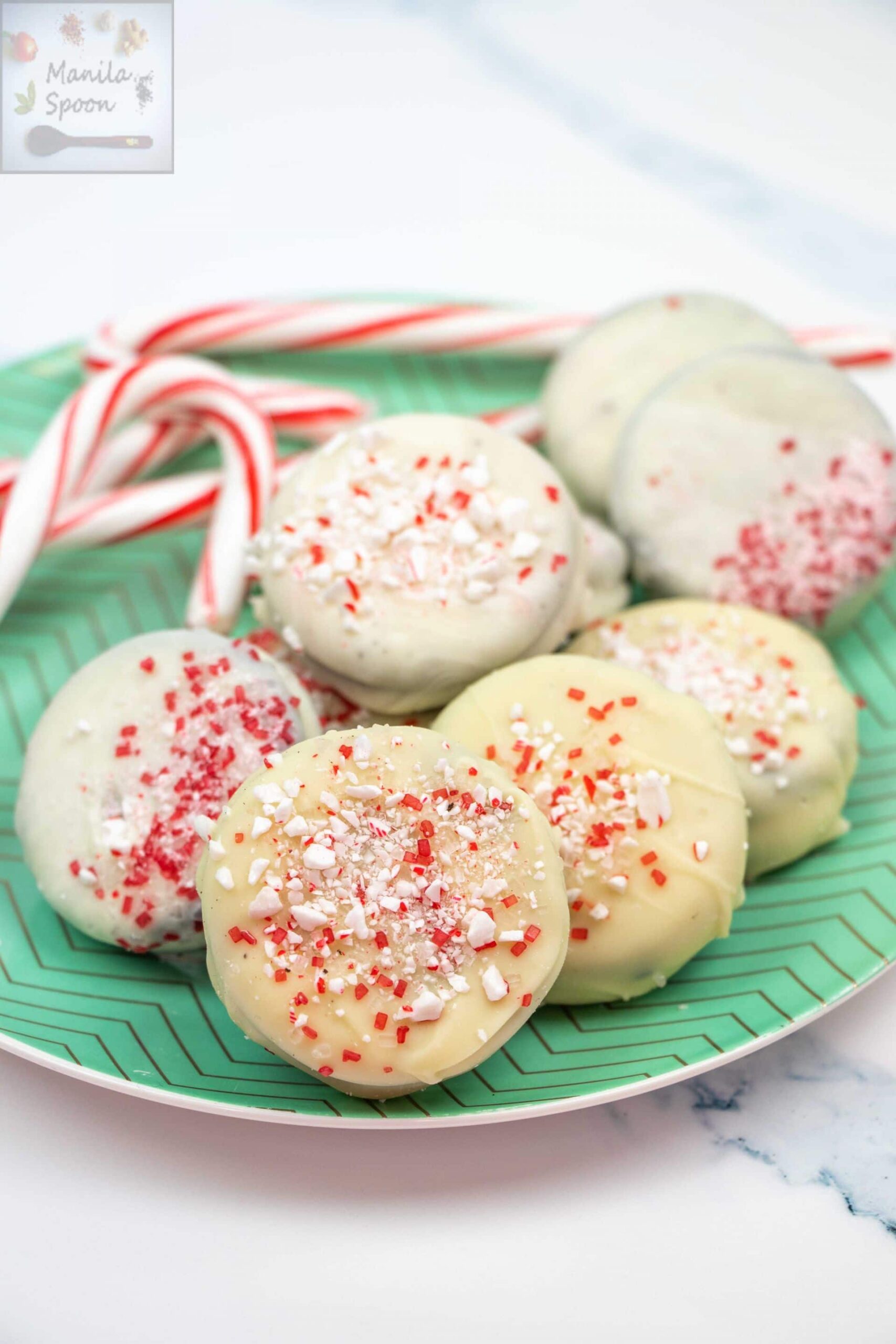 White Chocolate Covered Oreos with Peppermint Sprinkles Manila Spoon