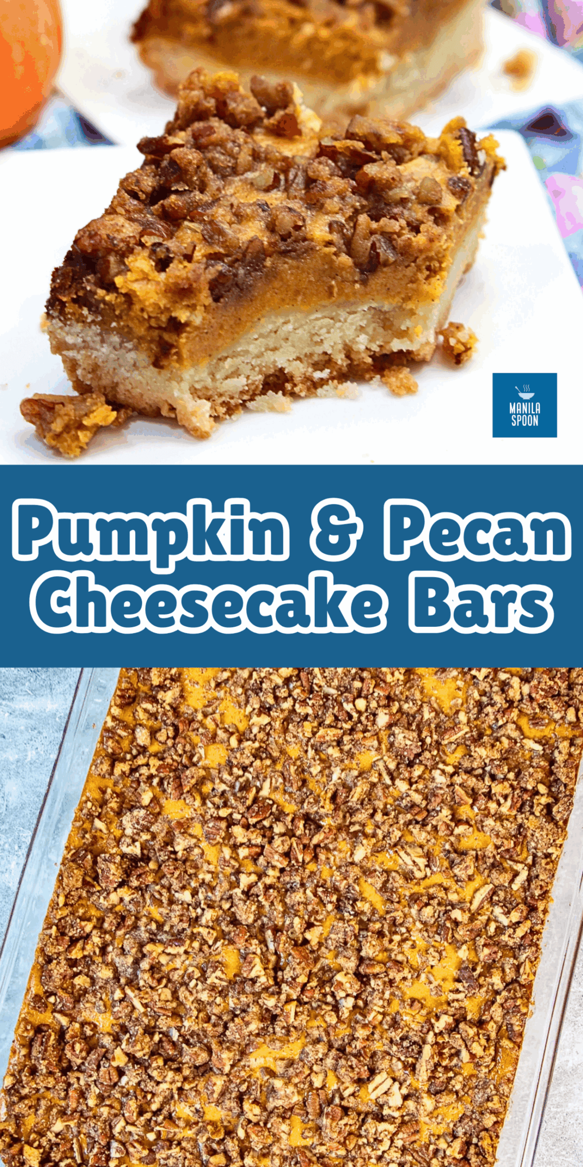Pumpkin and Pecan Cheesecake Bars Image Pin