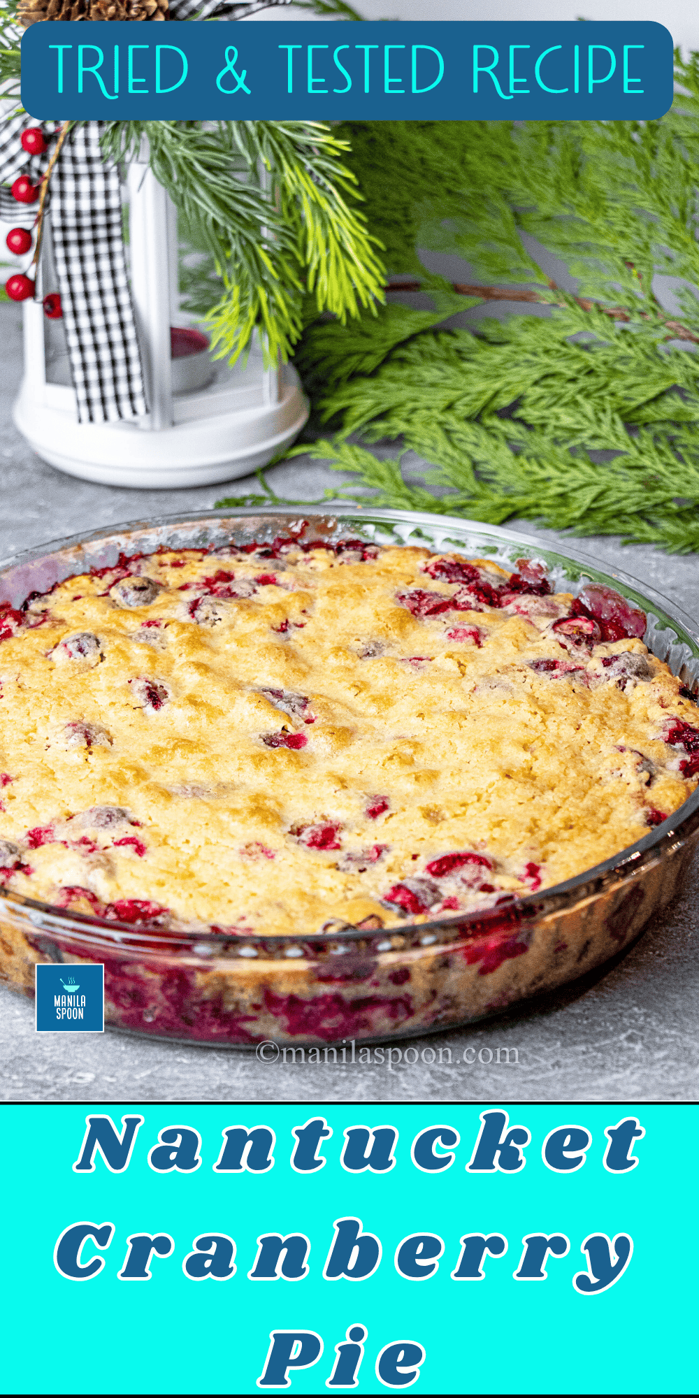 More like a cake than a pie this easy and absolutely yummy Nantucket Cranberry Pie is bursting with perfectly balanced sweet-tart flavors! The best part, it's crazy easy to make, and no need to make a crust! Serve it warm with a dollop of ice cream on top for a heavenly dessert. You can also use both fresh or frozen cranberries. Perfect last-minute holiday dessert for Thanksgiving, Christmas or to welcome the New Year!