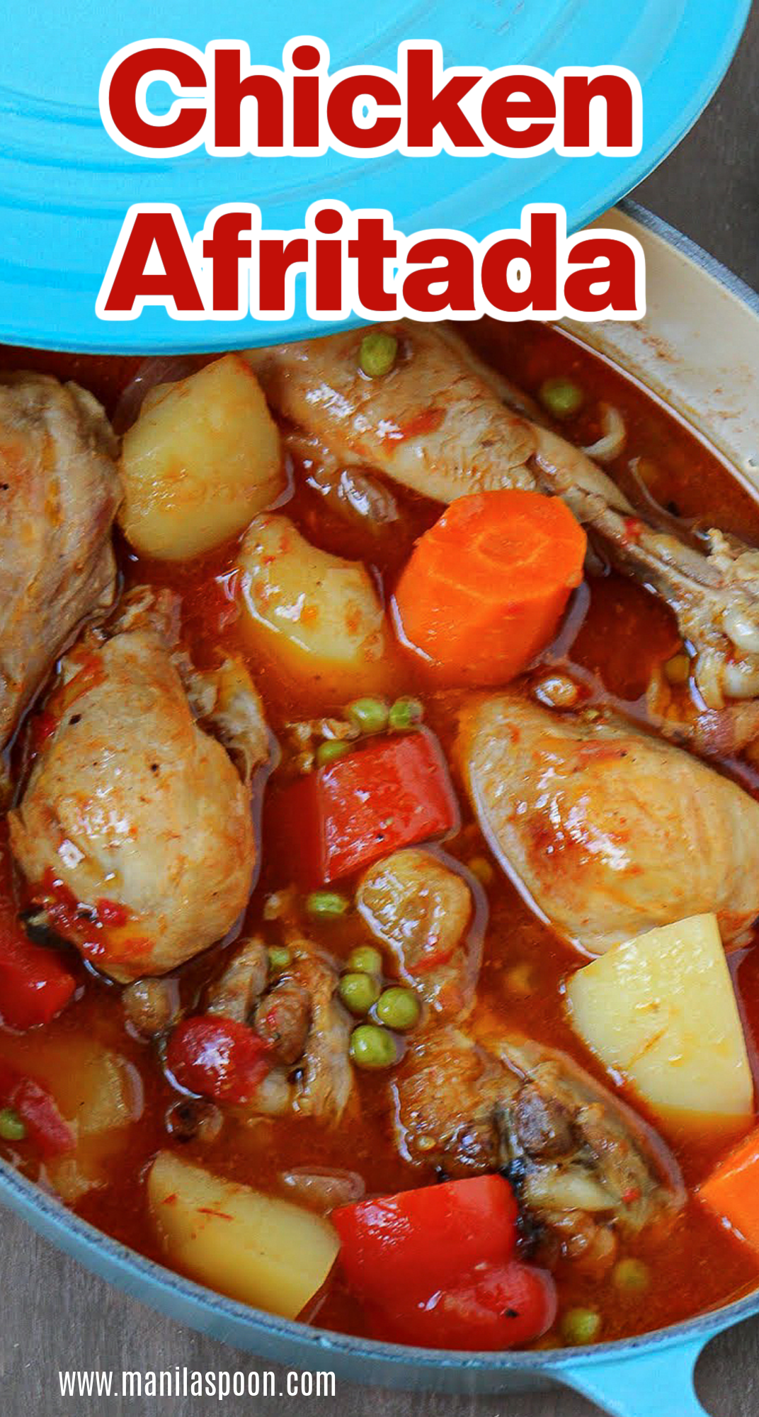 A delicious stew with tender chicken pieces slowly simmered in a perfectly seasoned tomato sauce and loaded with vegetables, too. Enjoy this Chicken Afritada with some rice and drizzle the sauce all over! #chickenafritada