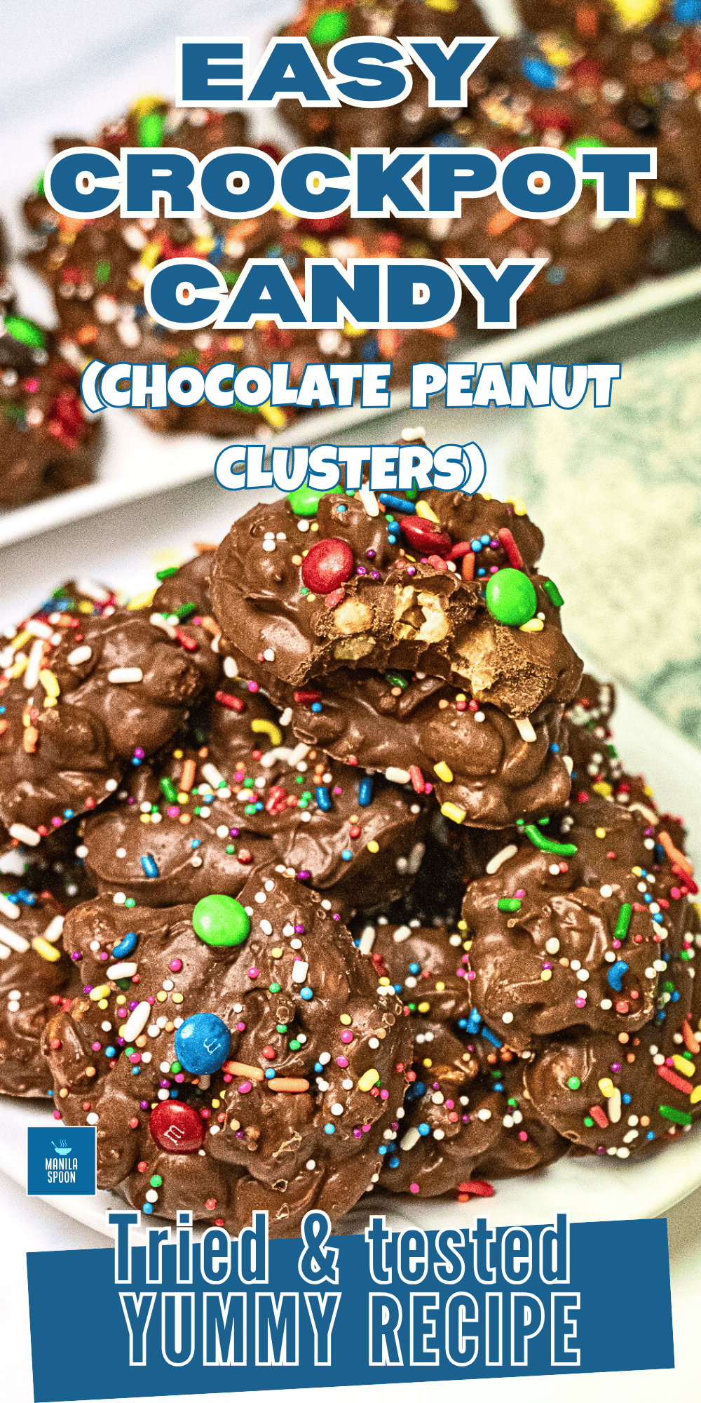 Indulge your sweet cravings with our super-easy Crockpot Candy recipe (Chocolate Peanut Clusters)! Just 4 main ingredients to make this delectable sweet treat, featuring white almond bark, salted peanuts, and a heavenly blend of chocolate and butterscotch. You can garnish it with sprinkles for a festive holiday touch, and it's great as an edible gift for Christmas, too. Image pin.