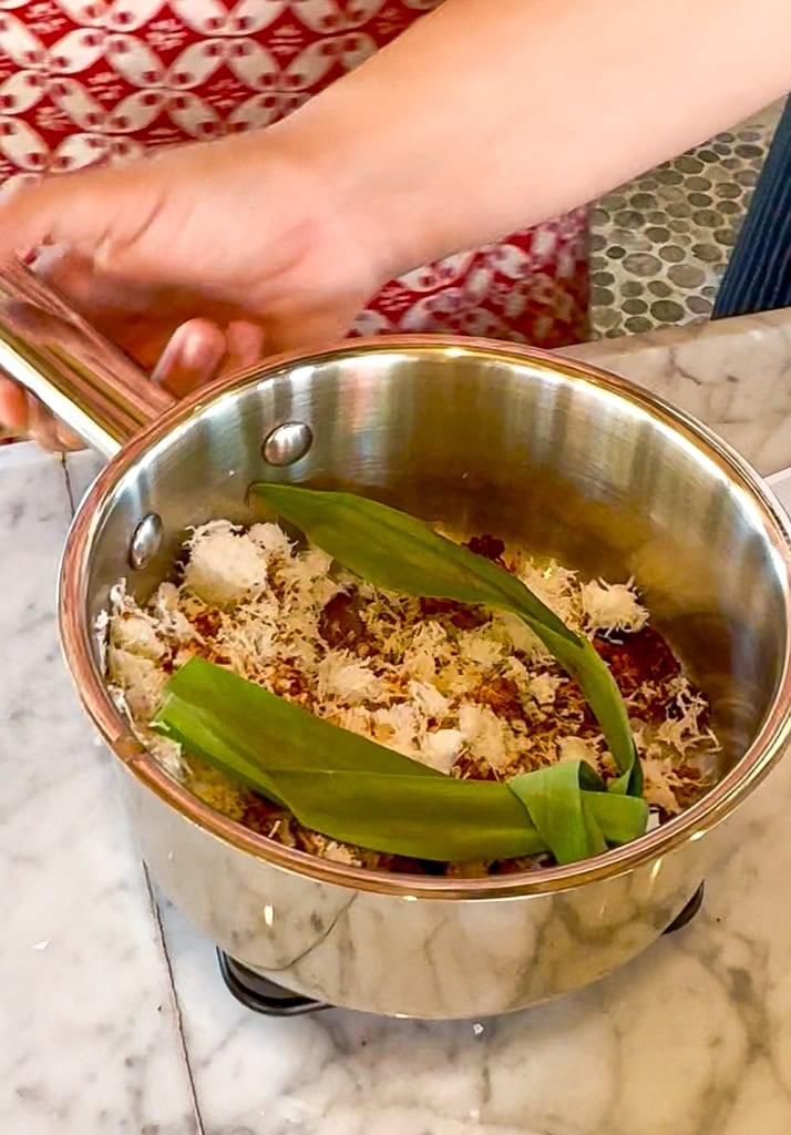 mix of coconut and palm sugar with pandan leaf