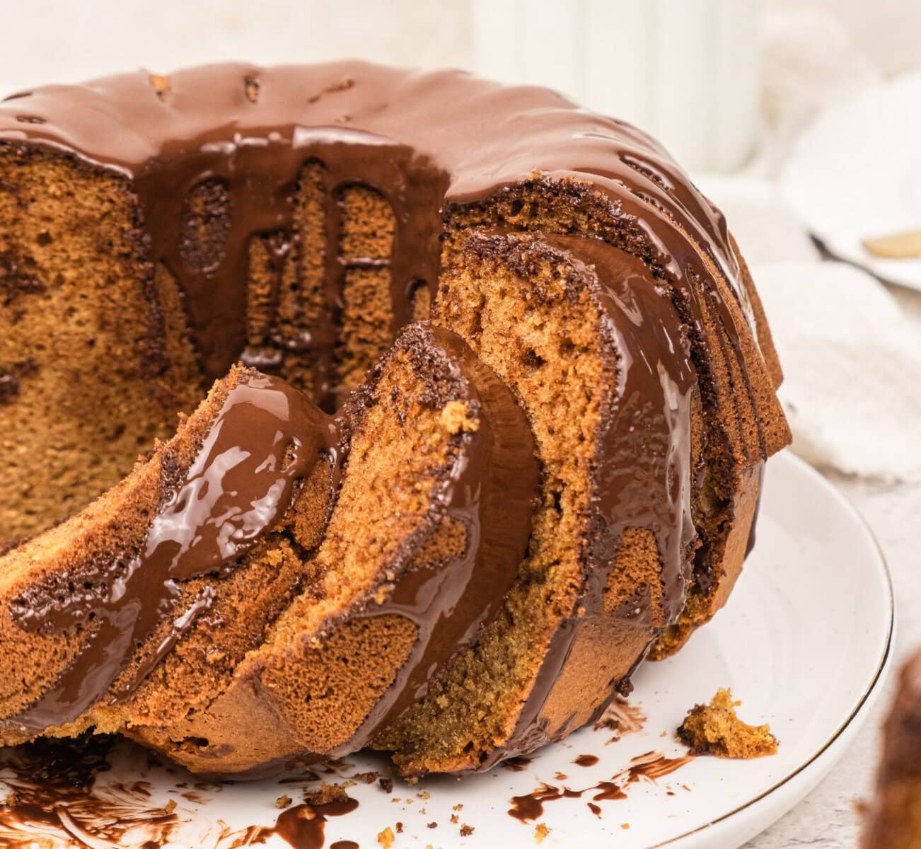 Pumpkin Bundt Cake with chocolate ganache