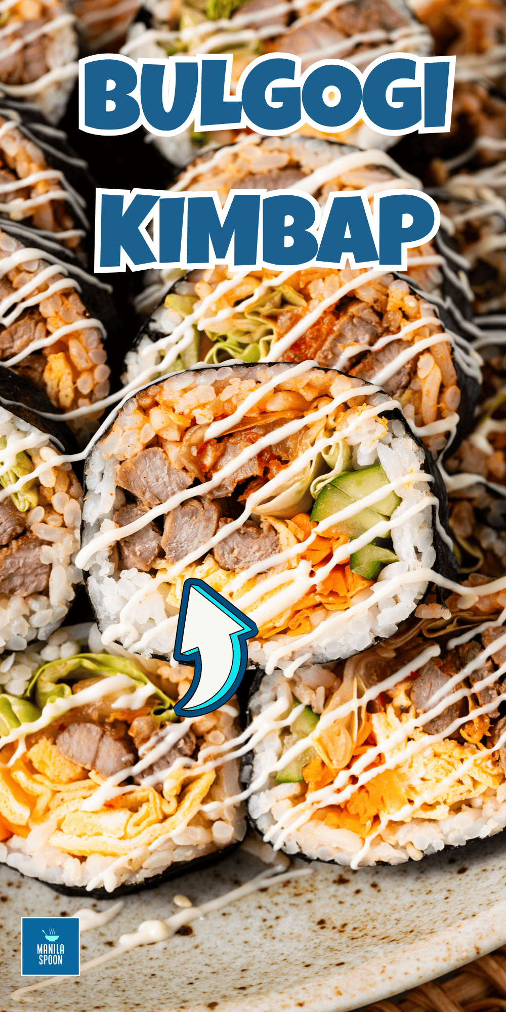 Bulgogi Kimbap with savory marinated beef, sesame rice, kimchi, egg, and crisp vegetables.